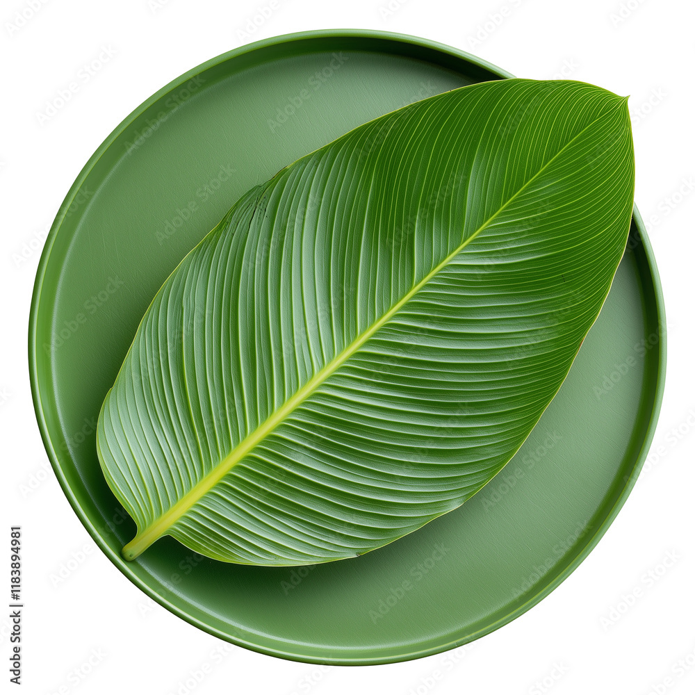 Poster flat view of light green leaf placed on matching green tray, showcasing natural and minimalist desig