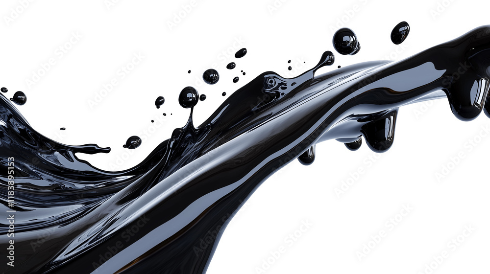 Poster dynamic splash of black liquid flows gracefully, creating sleek and glossy texture with scattered droplets in motion against transparent background