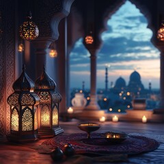 Ornate Arabian balcony at twilight with lanterns and candles overlooking a city mosque.