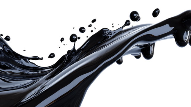 dynamic splash of black liquid flows gracefully, creating sleek and glossy texture with scattered droplets in motion against transparent background