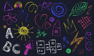 Funky geometric chalk shapes and icons. Doodle crayon, contemporary figures, primitive elements. Kids drawing geometric shapes.Vector illustrations