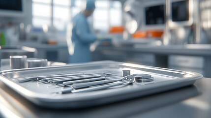 Sterile dental instruments on a tray in a modern clinic.