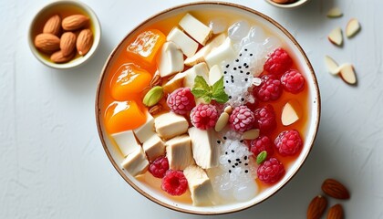 Colorful Bowl of Tofu, Almonds, Fruits, and Sweet Toppings for Delicious Dessert