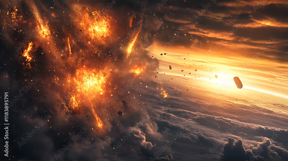 Poster sci-fi scene of the meteorites explodes in the sky