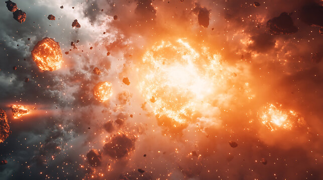 Sci-fi scene of the meteorites explodes in the sky