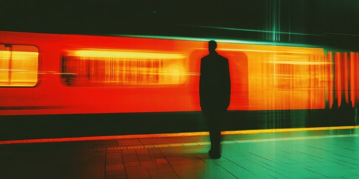 Man standing in glowing station with motion blur