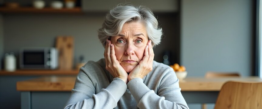 Thoughtful senior woman sitting at home, contemplating.  A quiet moment of reflection.