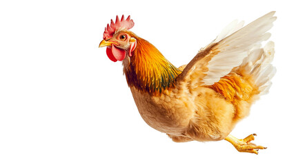 Fototapeta premium One chicken flying isolated on a transparent background, captured in mid-flight to showcase the graceful motion of this poultry bird in the air. A perfect image for agriculture or wildlife concepts.