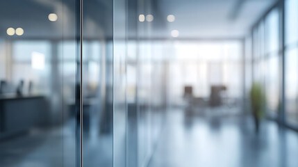 Sophisticated office panorama with reflective glass surfaces and blurred background