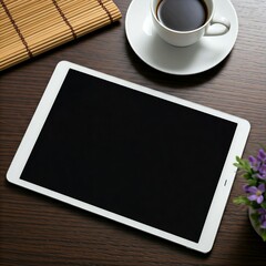 A Stylish Tablet on a Wooden Desk with Coffee