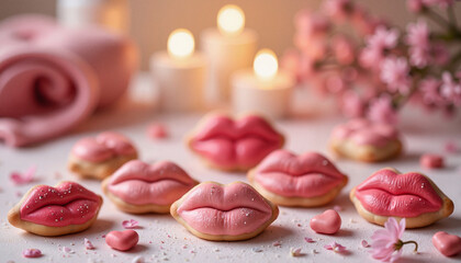 Romantic Valentine's Day cookies shaped like lips, soft evening light