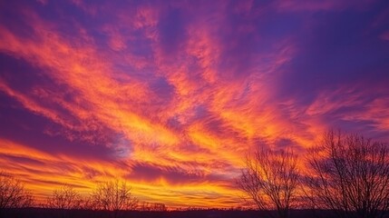 A dramatic sunset sky with vivid colors of orange, pink, and purple blending together on the horizon.