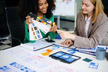  business team people meeting in office. Employee brainstorm and work as team, plan and discuss project by point on paper and tablet.
