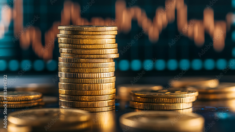 Poster stack of gold money coin with trading graph, financial investment concept can be use as background