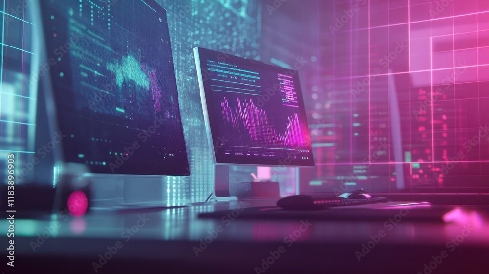 Poster close up of workspace with computer monitor and abstract glowing business chart on blurry grid backg