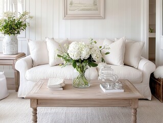 Shabby chic living room with linen sofa and distressed furniture