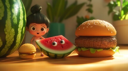 Cute cartoon girl with watermelon and burgers.