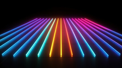 Rainbow neon light lines on a dark studio background.