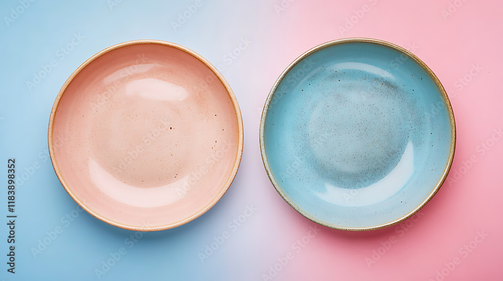 Poster Top view two empty ceramic plates on the table of colorful color