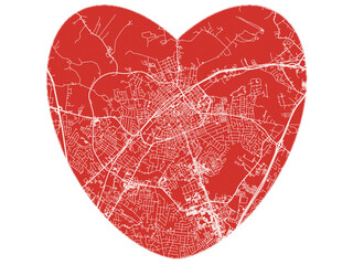 Heart-Shaped Map of Bowling Green Kentucky, USA in Bold Red and White Design.