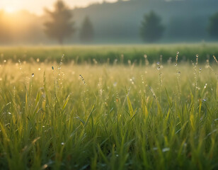 A meadow covered in morning dew with a rising sun.