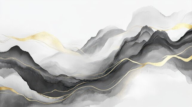 Abstract watercolor background vector. Luxury wallpaper with paint brush and gold line art. Black and gray watercolor, golden lines, mountain illustration for wall art, cover and invitation cards.