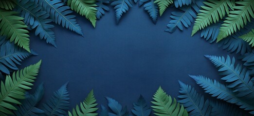 Green fern leaves bordering dark blue background creating copy space