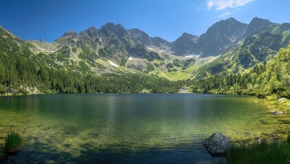 Majestic mountains rise sharply above a crystal-clear lake, surrounded by vibrant greenery and bright blue sky. Sunlight dances on the water's surface, inviting peaceful reflection