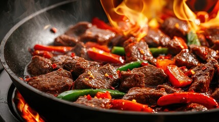 Sizzling beef stir-fry with vibrant peppers, showcasing flames and rich flavors in a skillet.