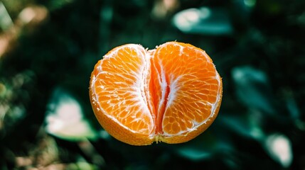 Close-up of a small orange mandarin cut in half, revealing its juicy vibrant pulp contrasted...