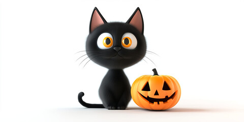 Fototapeta premium The image features a cute cartoon black cat with large, expressive orange eyes, sitting beside a small, smiling jack-o'-lantern pumpkin on a white background