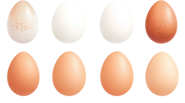 A set of realistic white and brown chicken eggs, glossy and isolated, ideal for kitchen illustrations, food photography, or organic product design, showcasing healthy food and farm freshness.