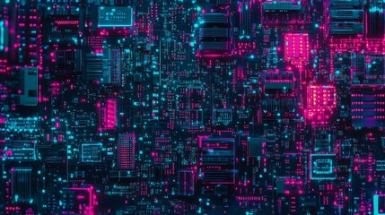 Obraz premium Abstract neon circuit board texture.