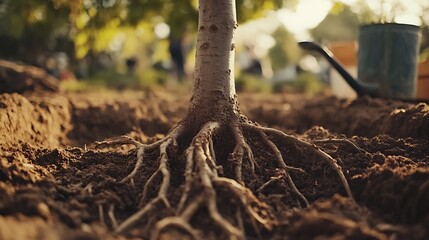 Close-up of tree roots planted in soil.
