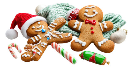 Fototapeta premium Christmas gingerbread man cookie decorated isolated on white background, PNG transparent.
