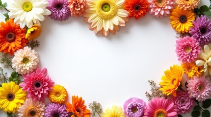 Obraz premium Heart of various flowers with central text space on soft white background