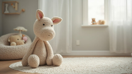 Fototapeta premium Adorable Crochet Pig Toy with Beige Yarn in Cozy Child's Nursery Room with Neutral Decor