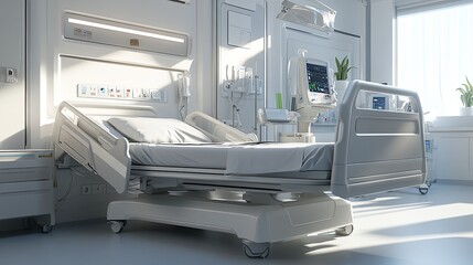 Serenity in a Hospital Ward: Neatly Made Bed with Natural Light Filtering Through Window, Surrounded by White Walls and Medical Equipment