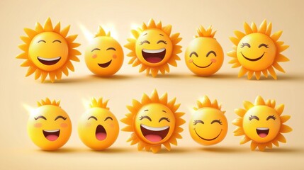 Cute suns. Sunshine emoji, cute smiling faces. Summer sunlight emoticons and morning sunny weather. Isolated funny smileys vector icons