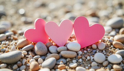 Fototapeta premium Pink hearts on pebbles at beachfront, love and connection symbol