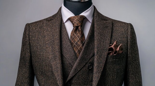 Elegant Brown Tweed Three-Piece Suit