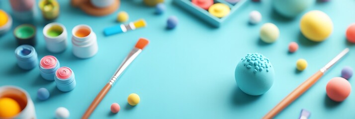 Colorful Easter eggs and painting supplies on a blue background.