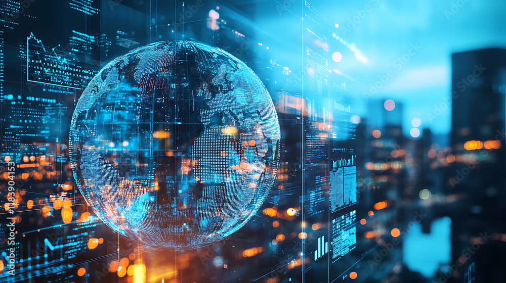 Poster A double exposure of the globe and glass building in an urban setting, symbolizing global business background filled with digital data visualizations representing advanced cyber security