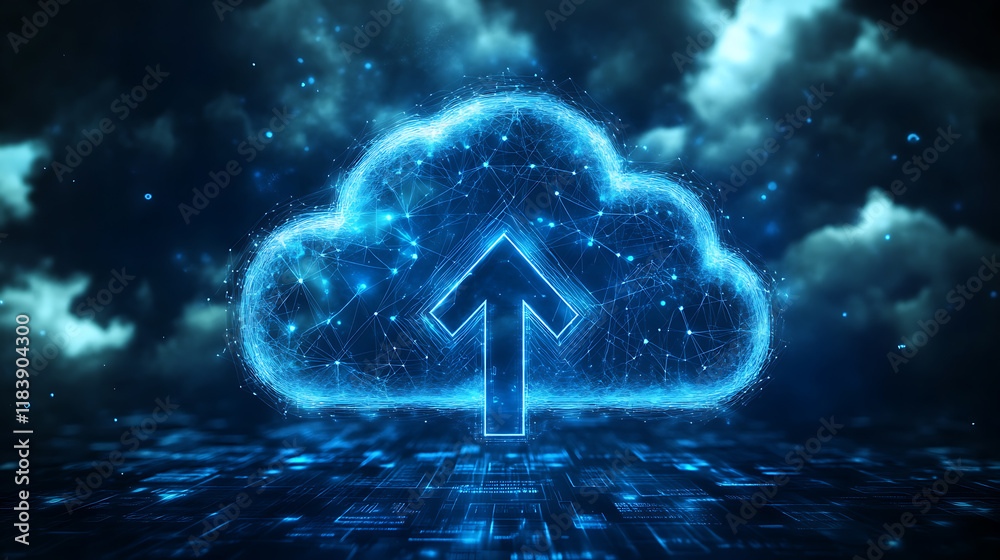 Poster A futuristic cloud with an arrow pointing up, symbolizing the upward trend of digital transformation in business technology and data use cases