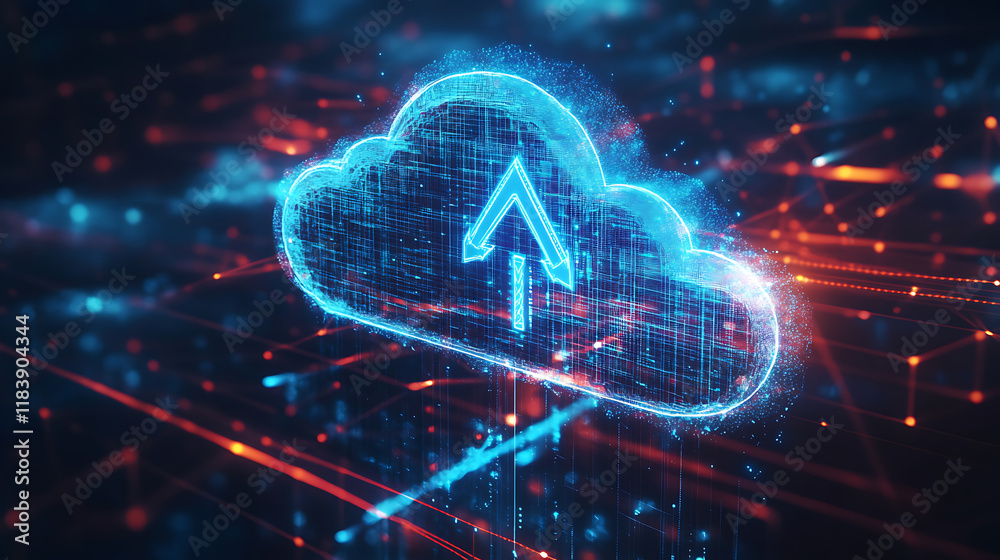 Aufkleber A futuristic cloud with an arrow pointing up, symbolizing the upward trend of digital transformation in business technology and data use cases