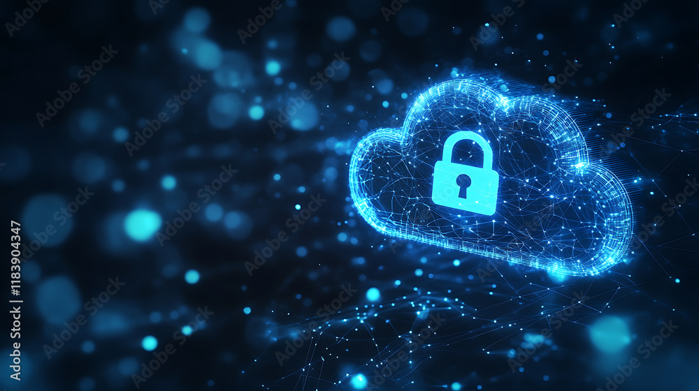 Leinwandbilder a glowing blue cloud with a padlock icon floating above it on a dark background, symbolizing securit