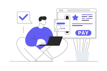 Online payment. Character getting invoice and paying purchases with credit card in online banking using website form. Flat Cartoon Vector Illustration, icon. Stylish abstract