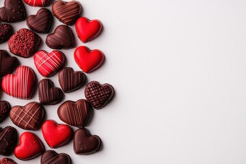 An assortment of heart-shaped chocolates in red and dark shades for sweet occasions.