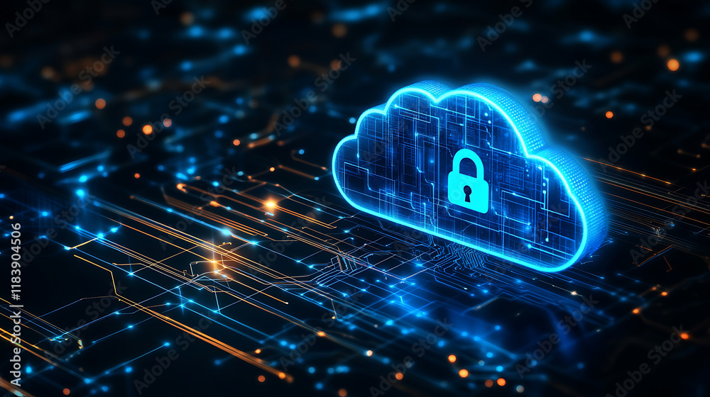 Poster A glowing blue cloud with a padlock icon floating above it on a dark background, symbolizing security in the digital world of data