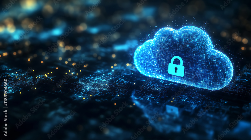 Leinwandbilder a glowing blue cloud with a padlock icon floating above it on a dark background, symbolizing securit